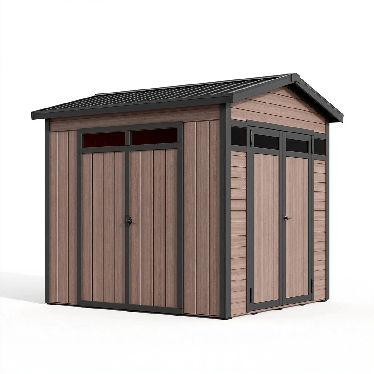 Abri de jardin 224 x 224 x 240 cm panneaux aspect bois brun structure métal noir avec portes