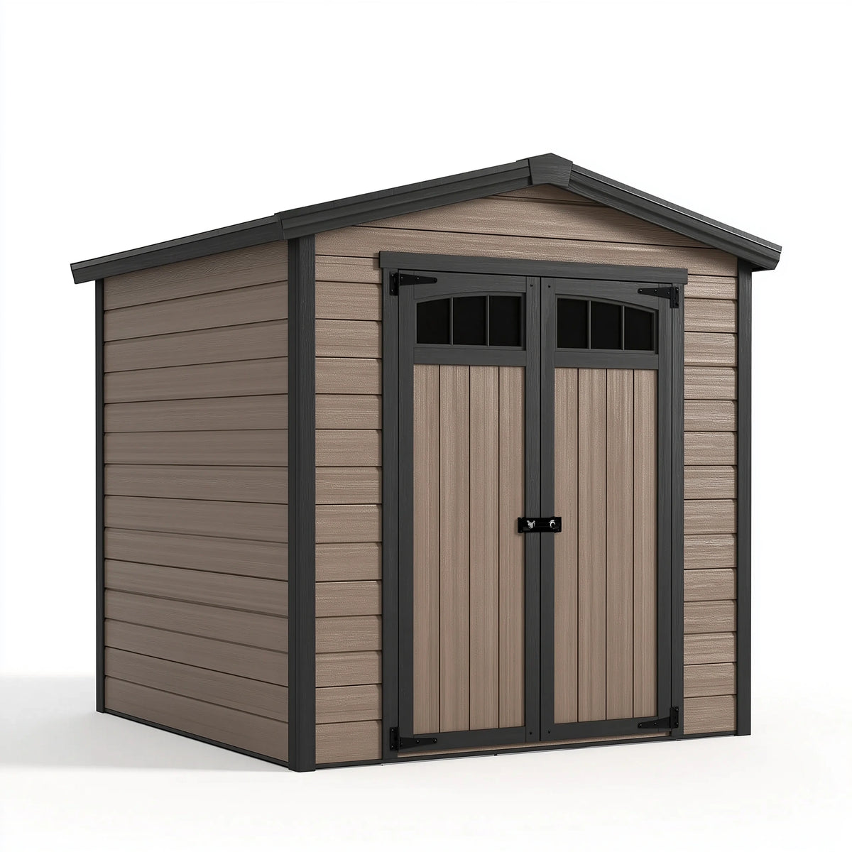 Abri de jardin 200 x 120 x 180 cm en résine taupe et noir - portes doubles avec fenêtres