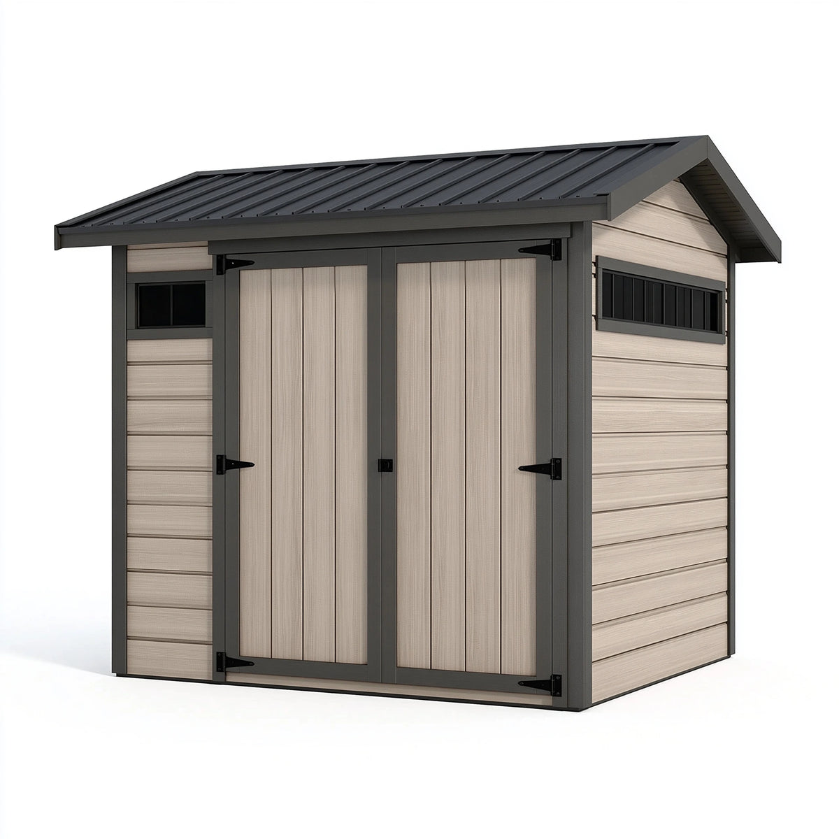 Abri de jardin 214 x 134 x 204 cm en résine beige et anthracite avec toit incliné