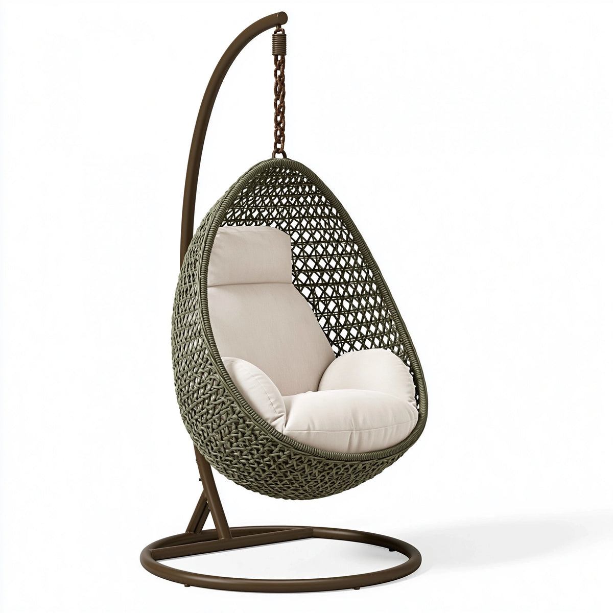 Fauteuil suspendu 105 x 105 x 195 cm en résine tressée vert olive pour extérieur avec support