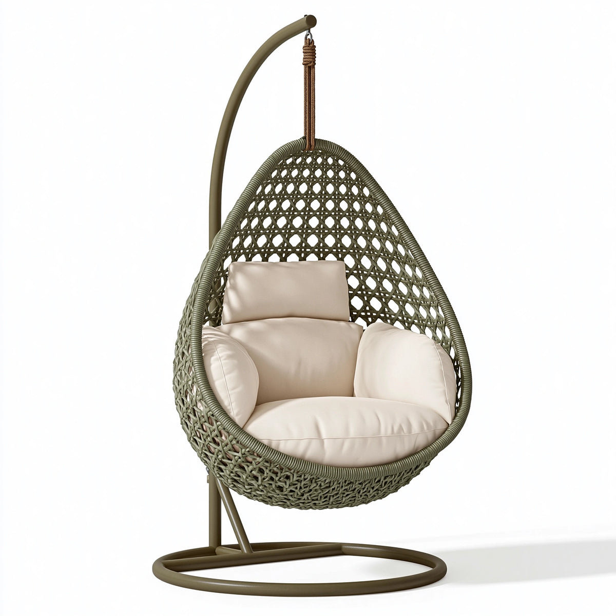 Fauteuil suspendu 100 x 100 x 195 cm en résine tressée vert olive avec structure en métal pour jardin style bohème