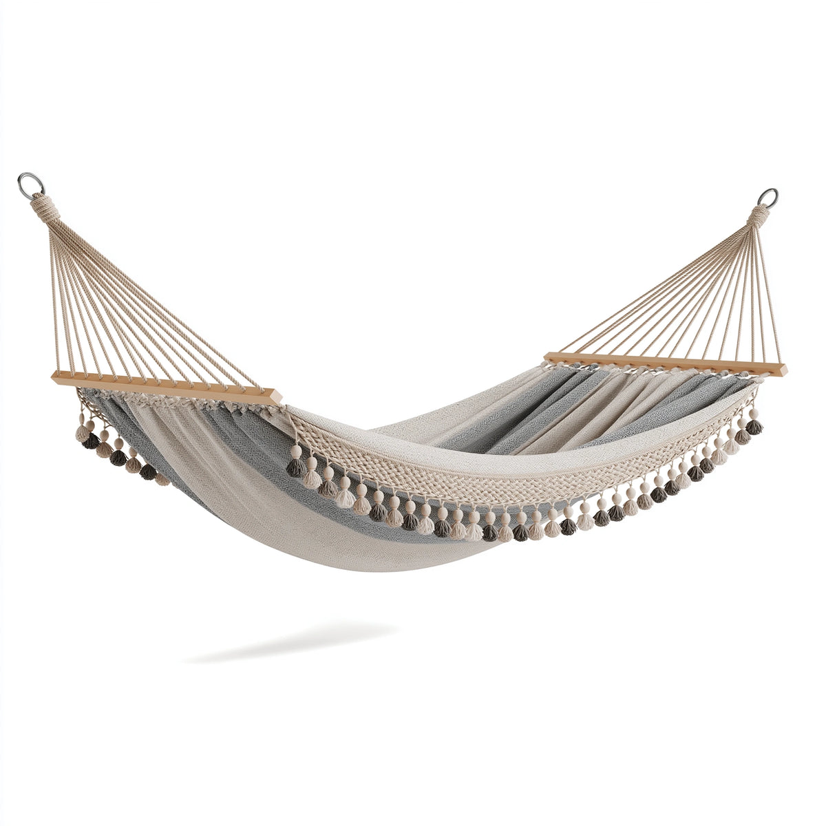 Hamac 320 x 120 cm en coton beige gris avec barres en bois style bohème