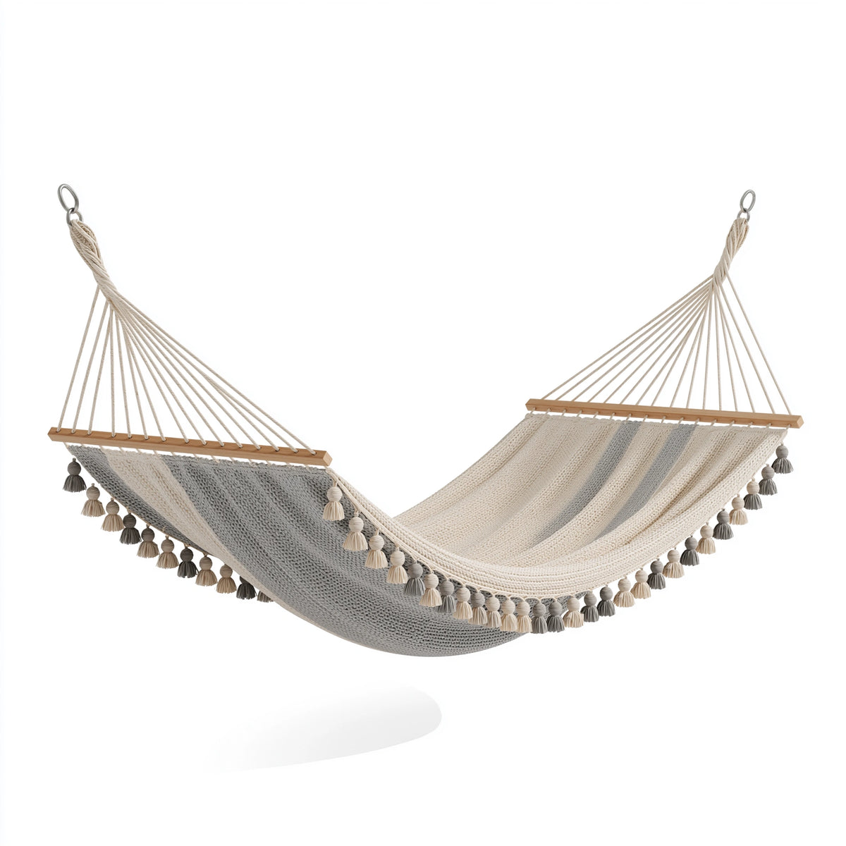 Hamac 200 x 100 cm en coton beige et gris avec barres en bois style bohème