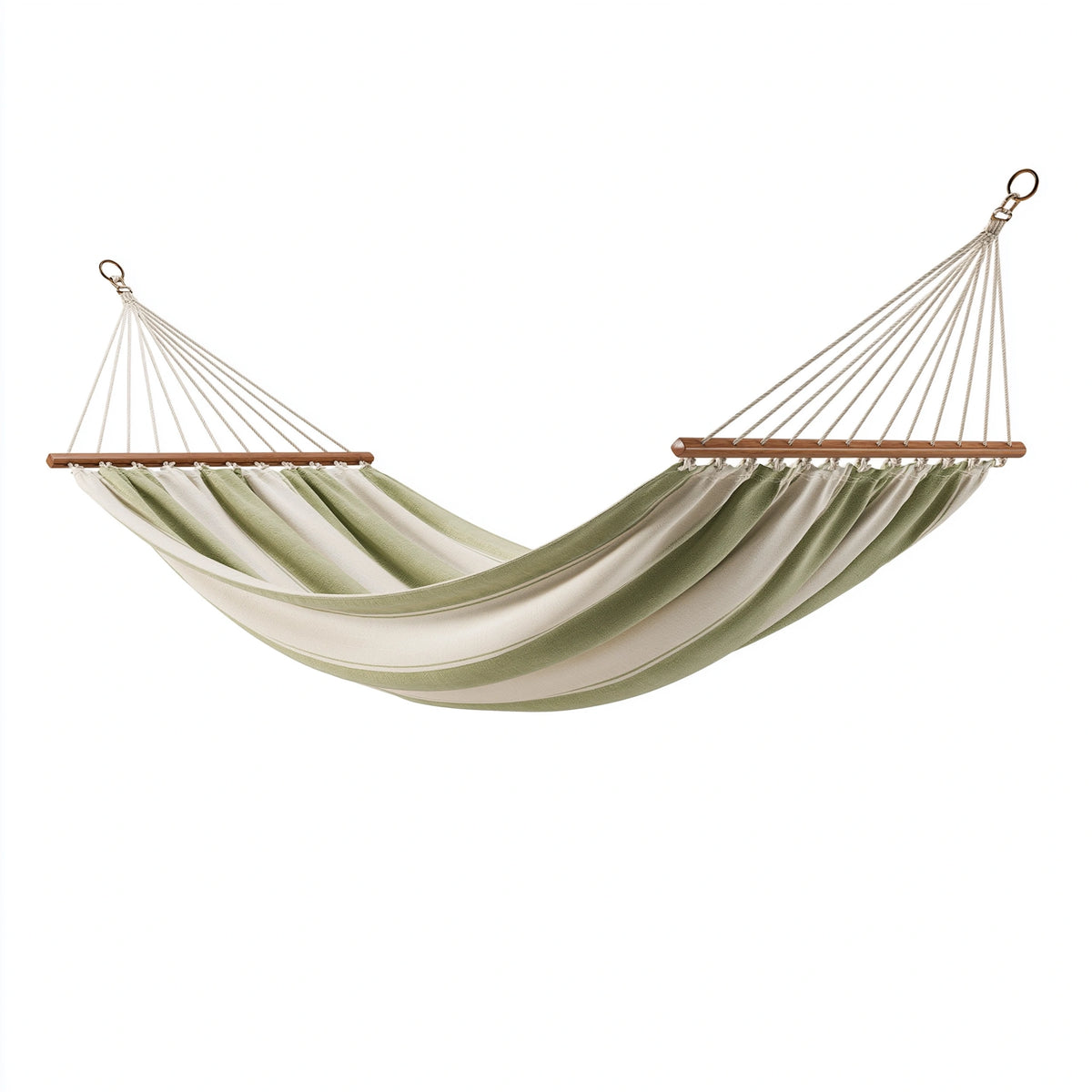 Hamac 200 x 100 cm en tissu rayé vert et écru avec barres en bois