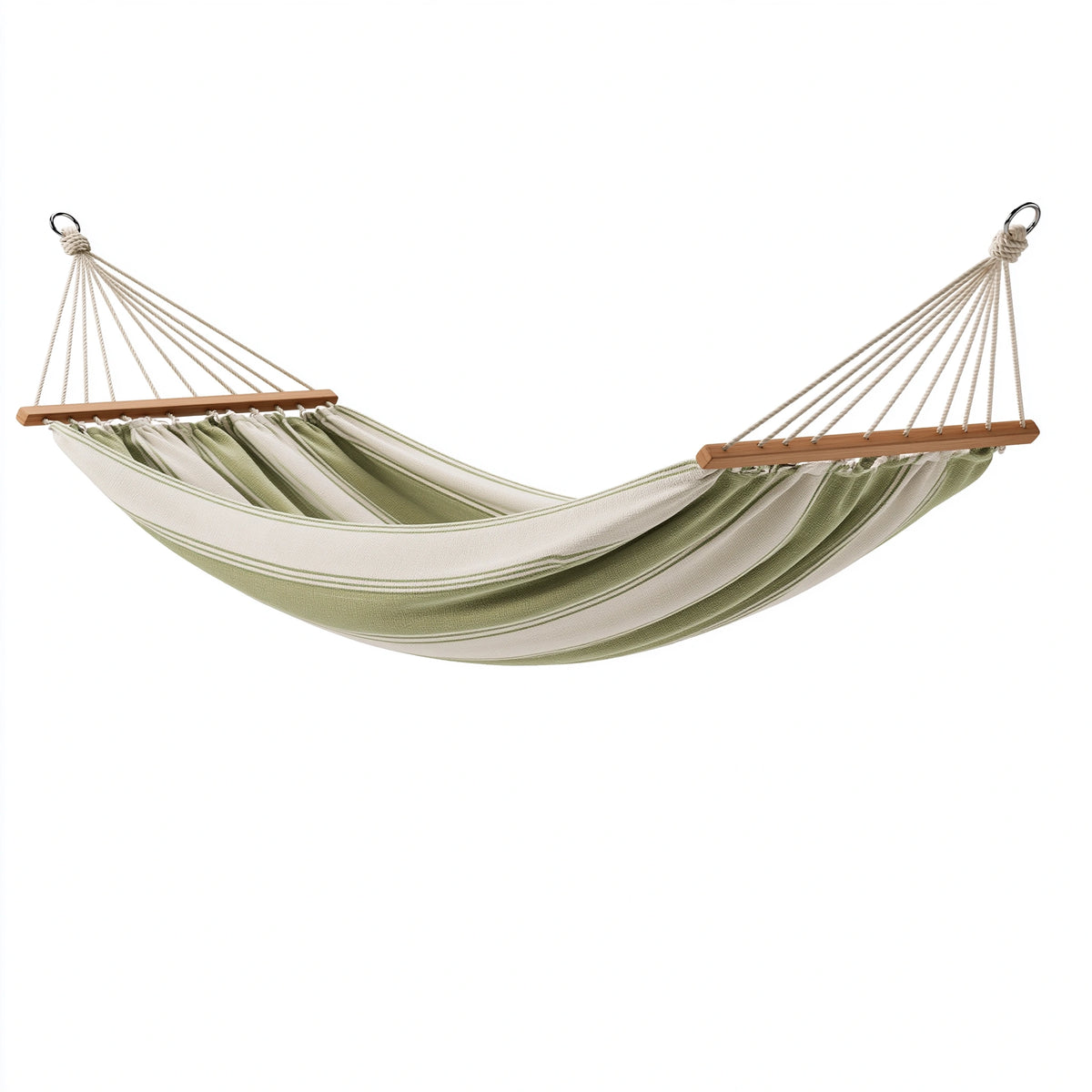 Hamac 300 x 100 cm en coton vert et blanc avec barres en bois - suspendu pour jardin
