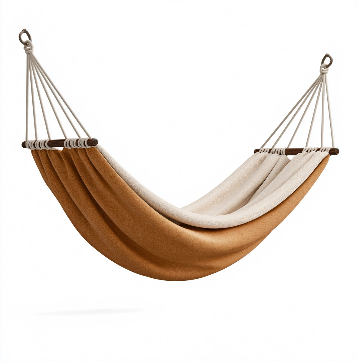 Hamac 200 x 140 cm en tissu écru et caramel avec barres en bois - suspendu