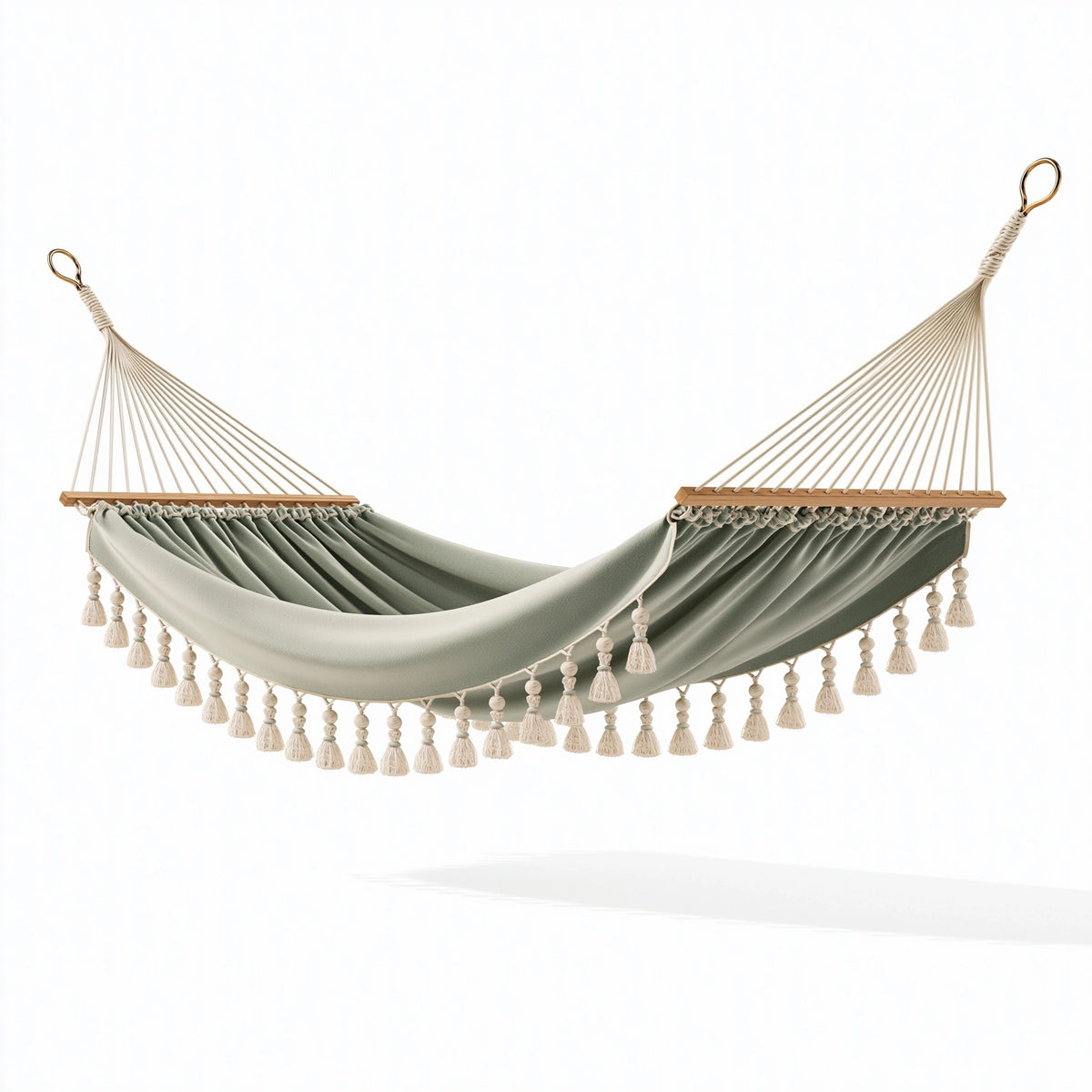 Hamac 200 x 100 x 120 cm en tissu vert sauge avec barres en bois style bohème