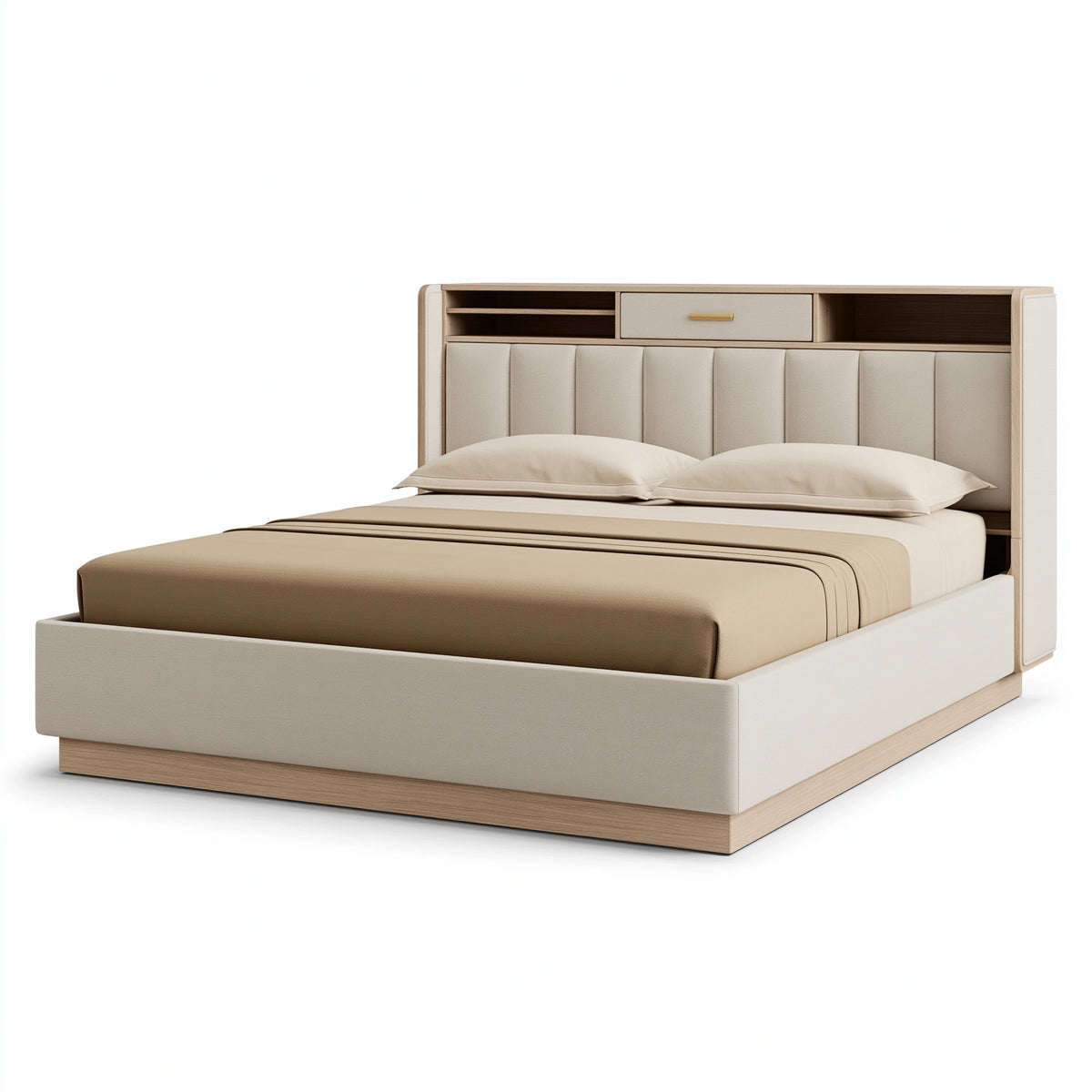 Lit 160 x 200 cm avec rangement textile beige et bois naturel style contemporain