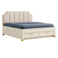 Lit double 160 x 200 cm avec rangement bois blanc cassé tête de lit capitonnée beige style contemporain