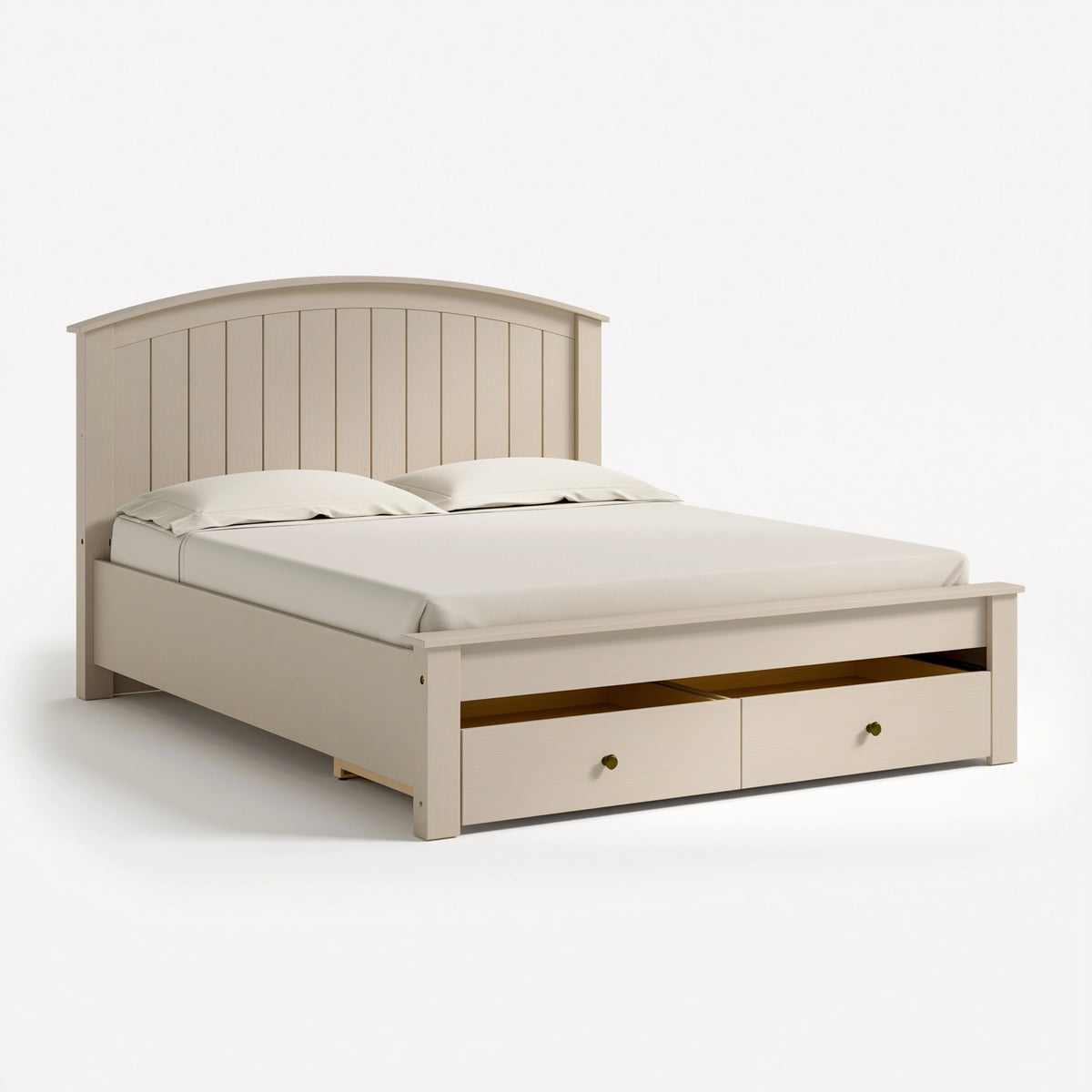 Lit double 160 x 200 cm en bois beige clair avec rangement et tête de lit arquée